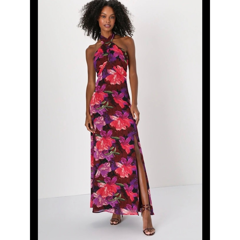 Lulus Elegantly Inclined‎ Burgundy Floral Print Halter Maxi Dress Size M New